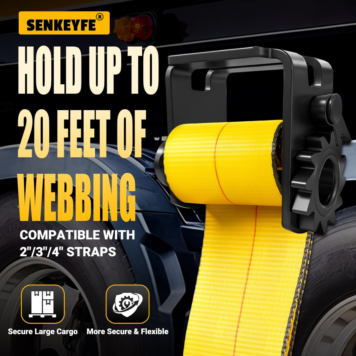 SENKEYFE winch loaded with 20ft webbing showing long strap storage and convenient deployment