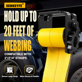 SENKEYFE winch loaded with 20ft webbing showing long strap storage and convenient deployment