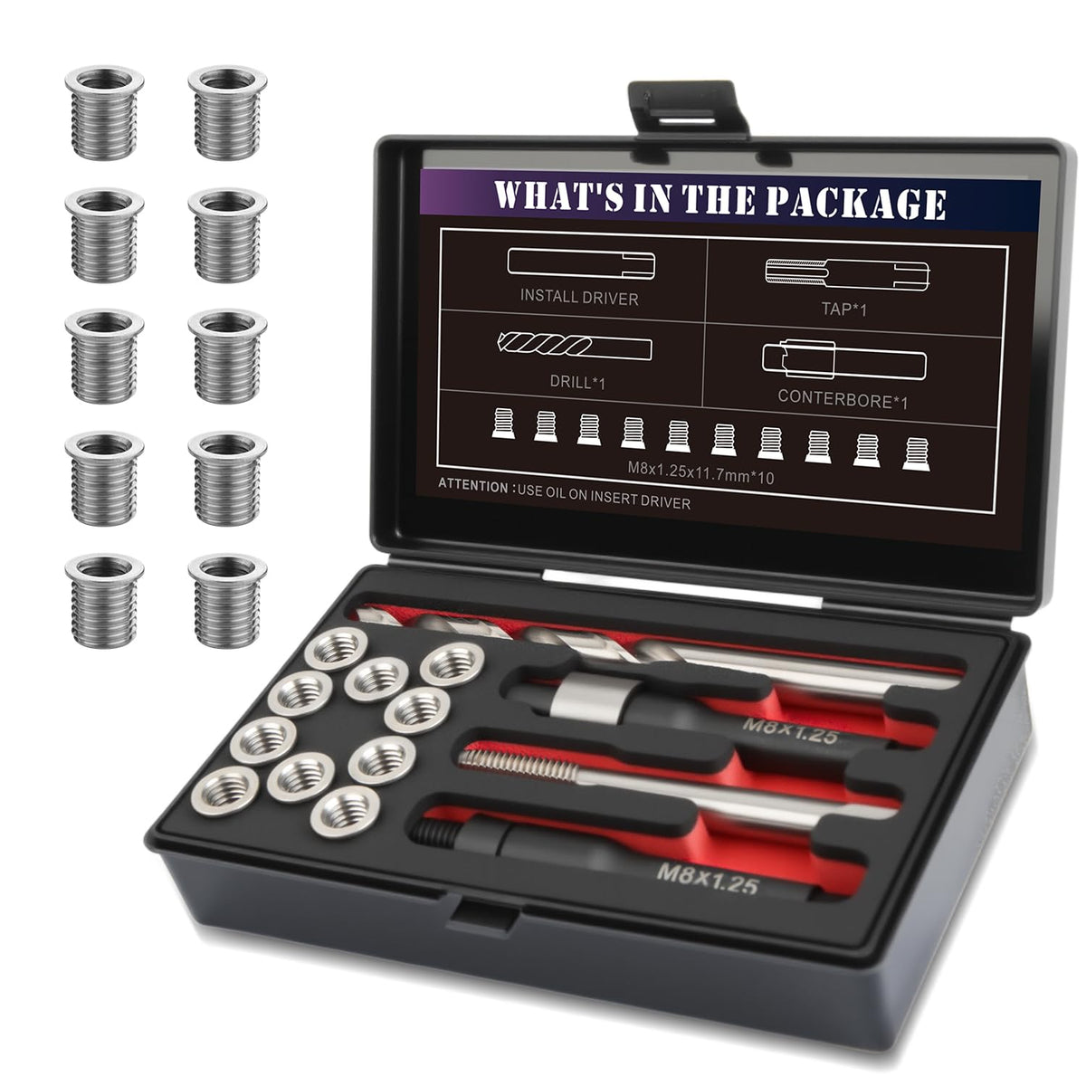 SENNMONN front packaging showing complete M8x1.25 repair kit and tools for reliable repairs