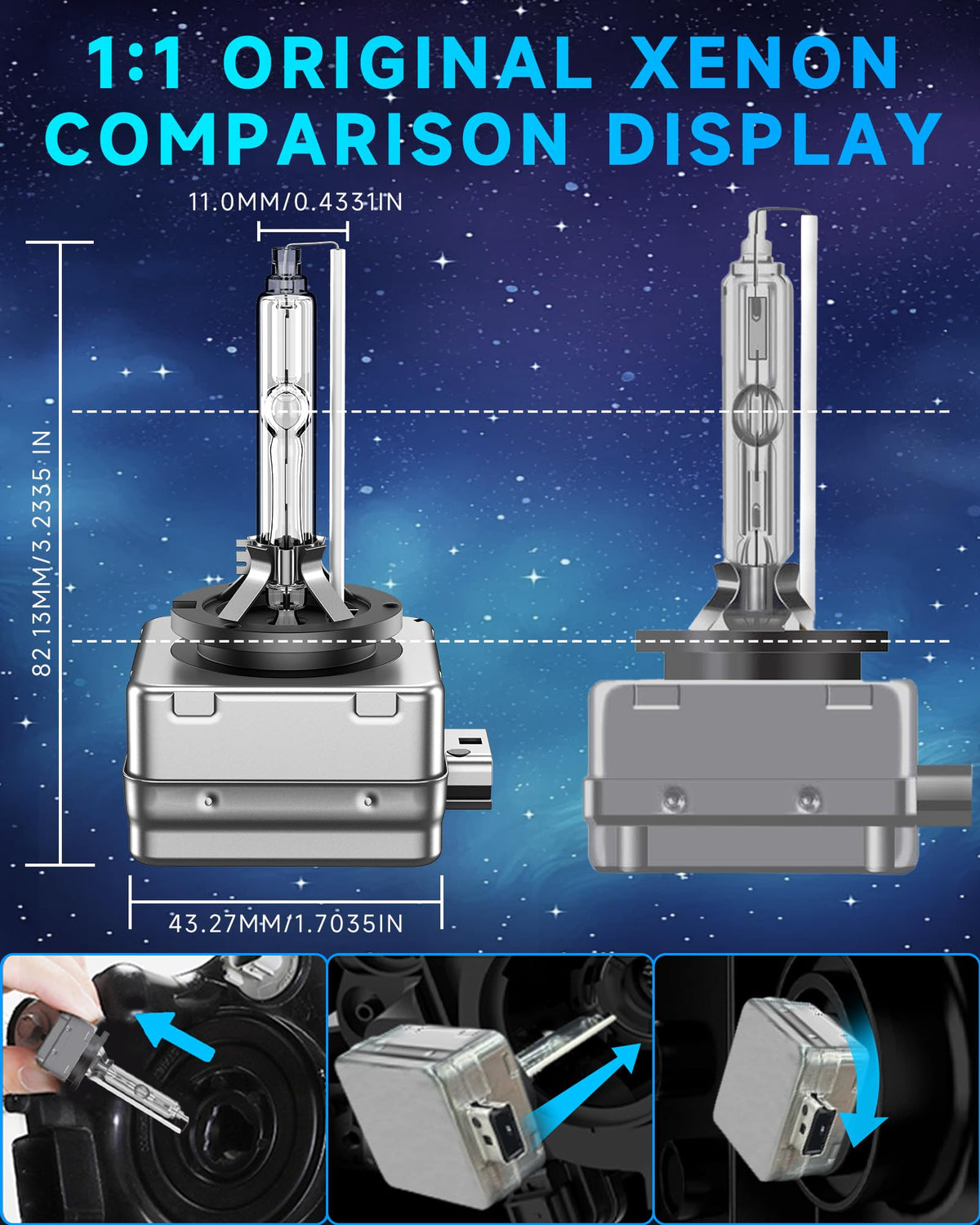 Night road beam comparison with SENROBO bulbs showing improved visibility and distance