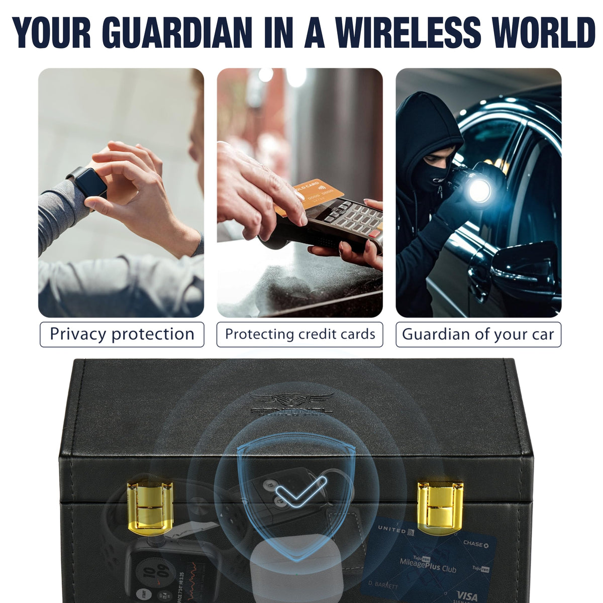 Sentinel Shield Pro black pouch in hand provides portable blocking benefit when traveling