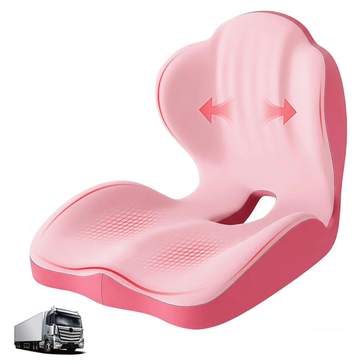 Serdyes front view of pink cushion showing ergonomic L-shape and comfort benefits