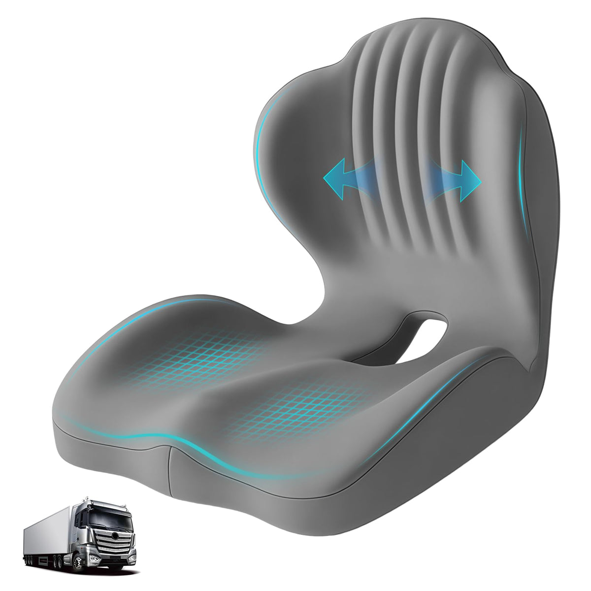 Serdyes front view seat cushion showing ergonomic L-shape and comfort benefit