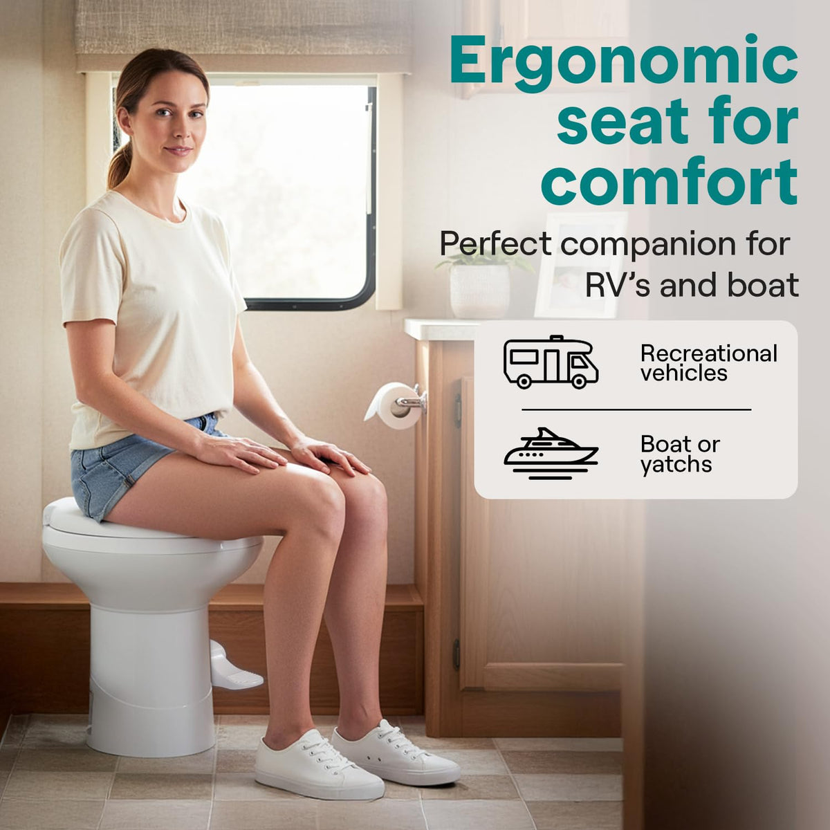SereneLife toilet installed in RV bathroom demonstrating space-saving installation benefit