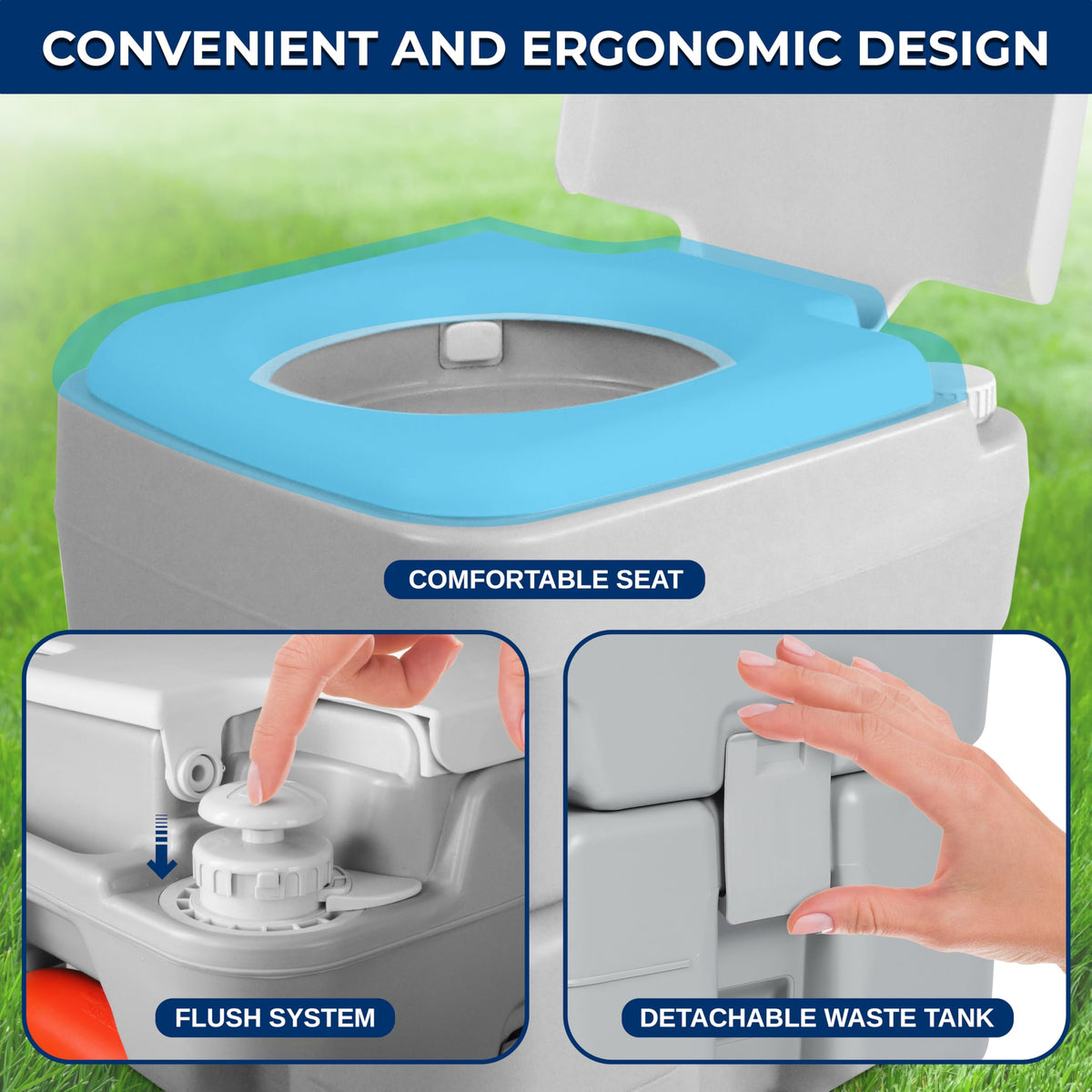 SereneLife push-button flusher detail highlighting easy manual flush convenience
