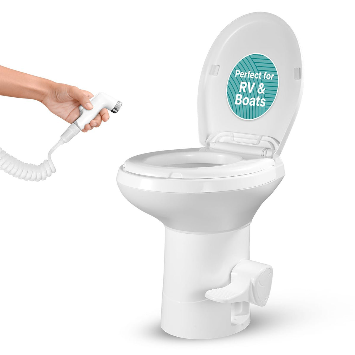 SereneLife RV toilet front view showing compact design and easy cleaning benefit