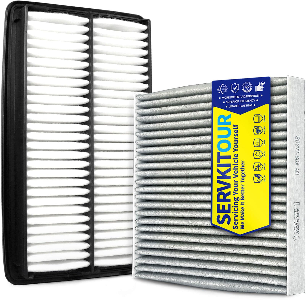 SERVKITOUR front packaging showing both engine and cabin filters for easy replacement