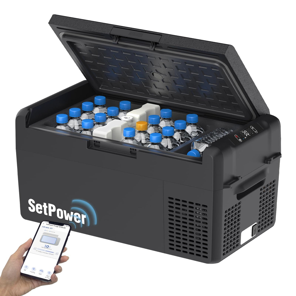 Setpower front view showing compact design and travel-ready benefit