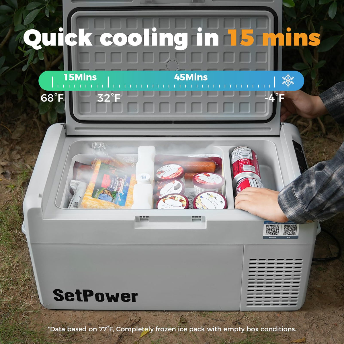 Setpower RF25 next to water bottles demonstrating scale and 27‑quart capacity