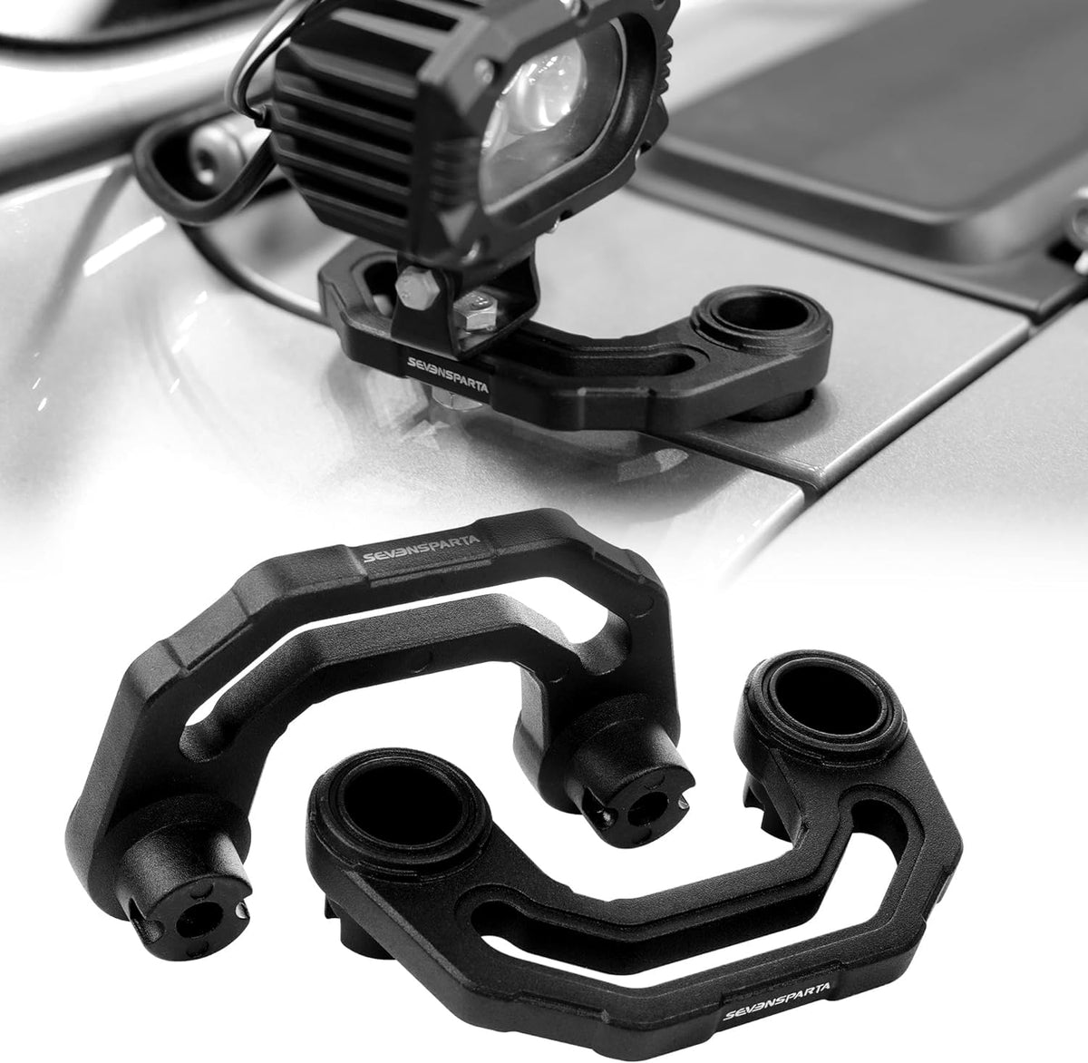 SEVEN SPARTA front mounting bracket on Jeep showing sturdy fit and neat look