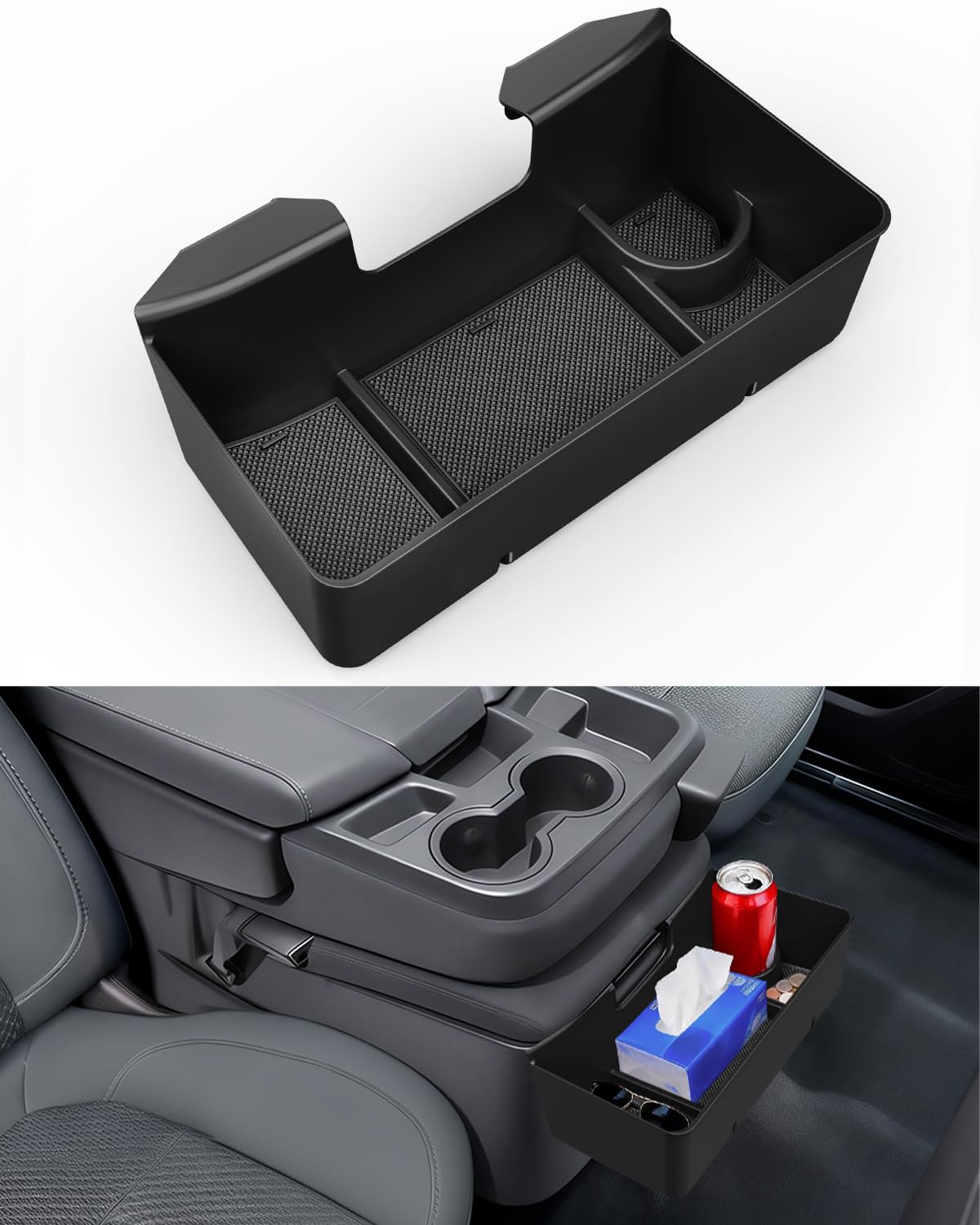 SEVEN SPARTA front view installed in Silverado console showing tidy storage benefit