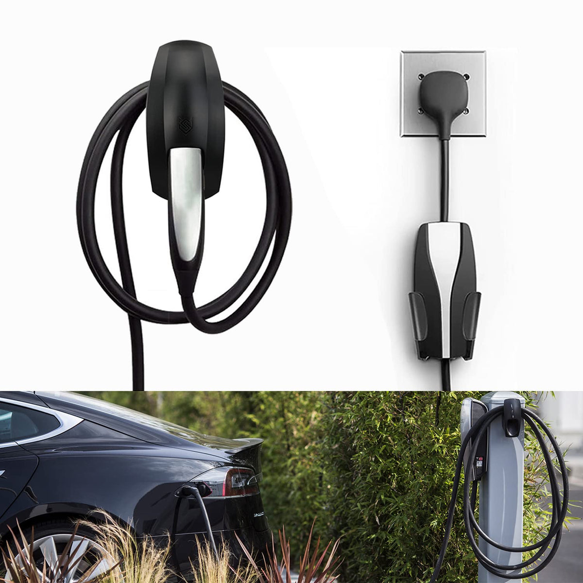 SEVEN SPARTA front view mounted on wall showing tidy Tesla charger storage and improved safety