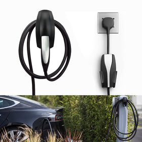 SEVEN SPARTA front view mounted on wall showing tidy Tesla charger storage and improved safety