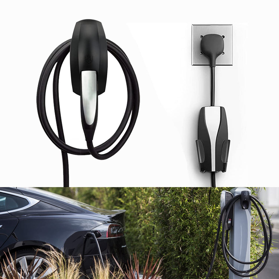 SEVEN SPARTA front view mounted on wall showing tidy Tesla charger storage and improved safety