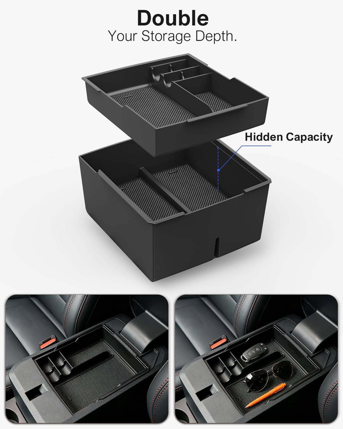 SEVEN SPARTA layered upper and lower console open to reveal separated storage