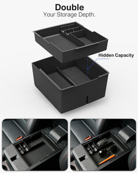 SEVEN SPARTA layered upper and lower console open to reveal separated storage
