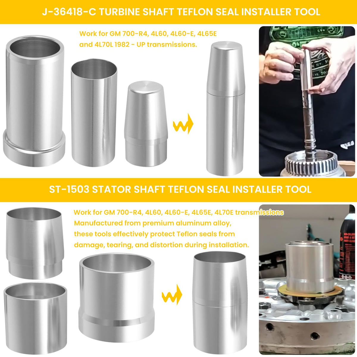 sevencow tools in use compressing a transmission drum for safer snap ring removal