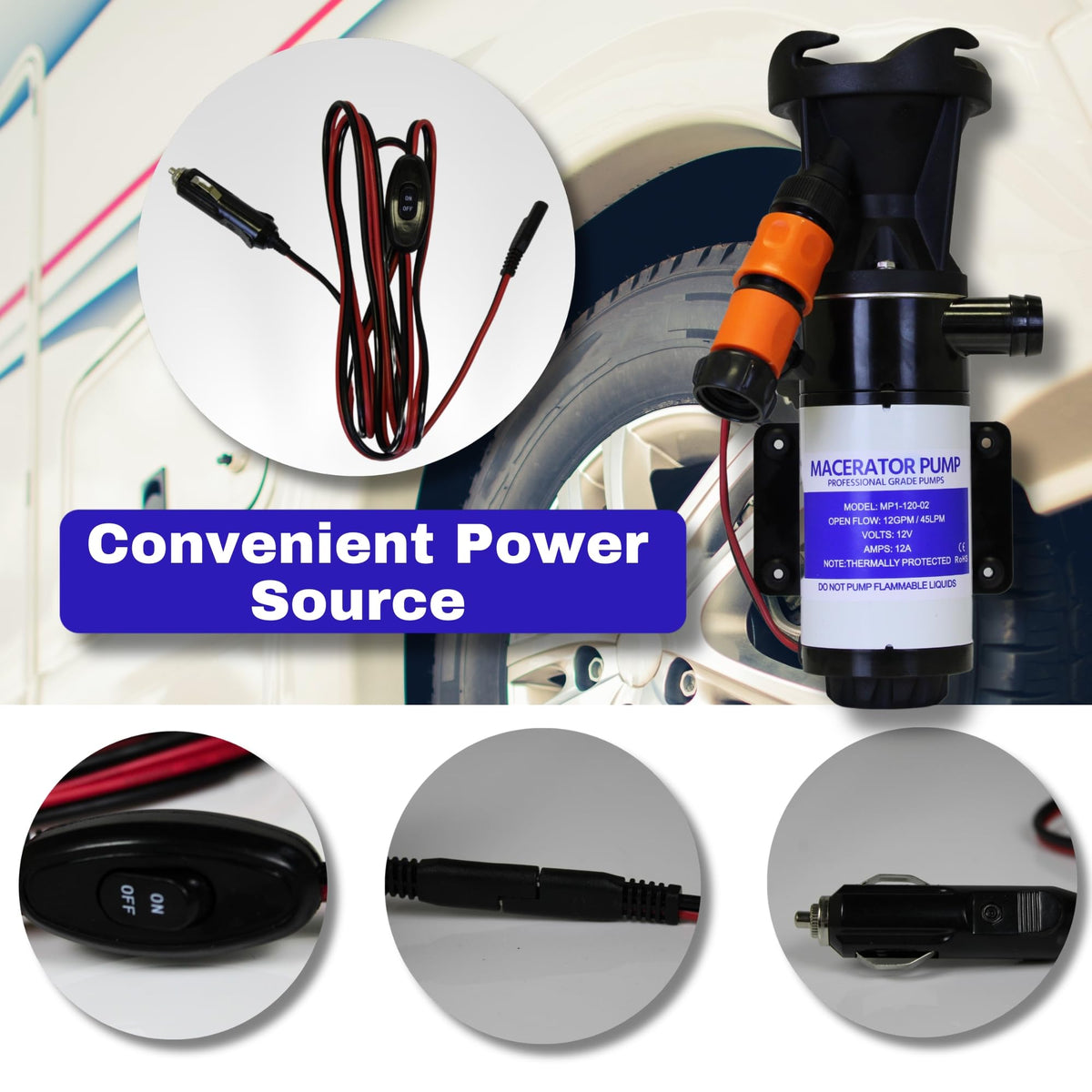 SewerFlo 12V cigarette lighter plug powering pump for plug-and-play roadside convenience