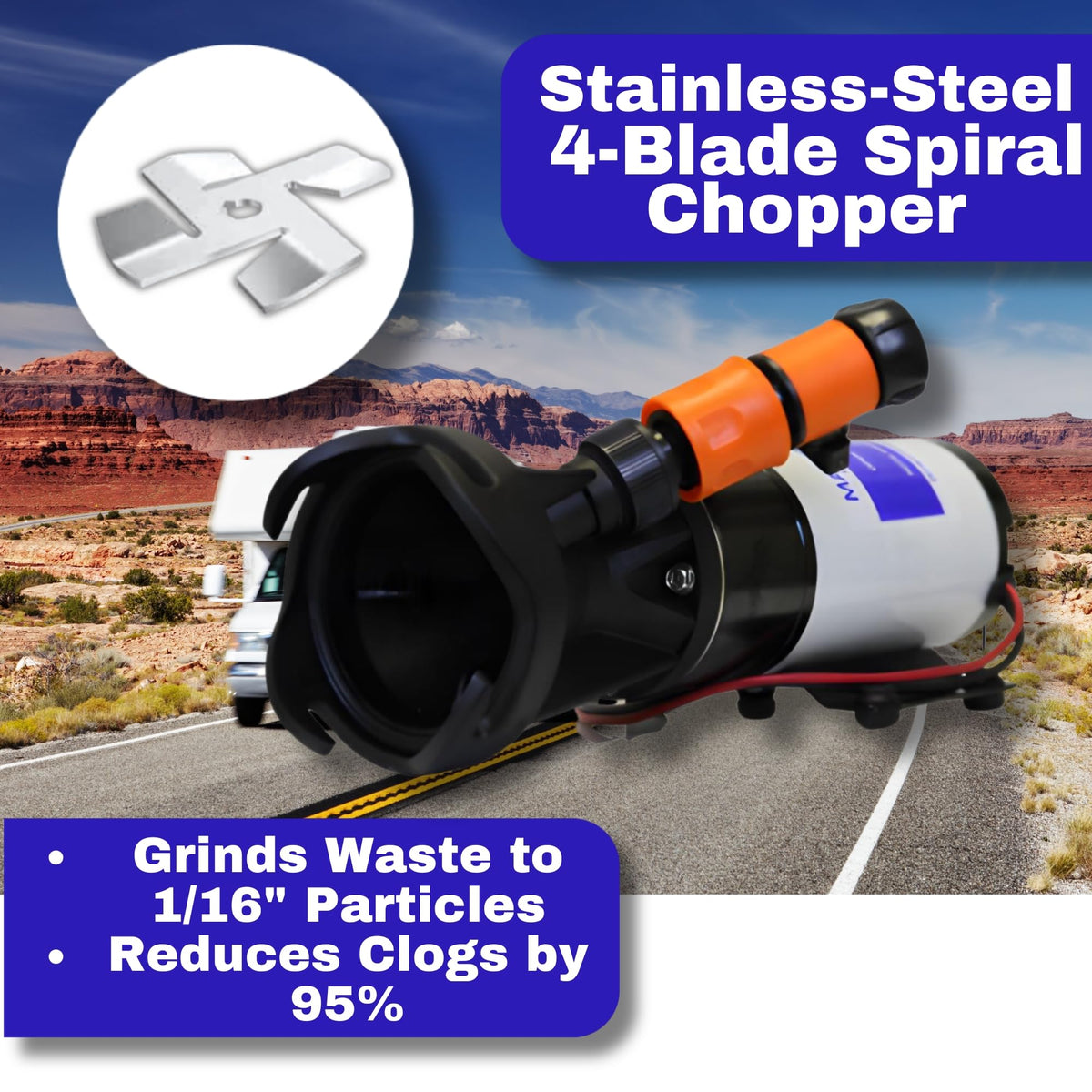 SewerFlo detailed shot of spiral cutting blades for powerful grind and clog reduction