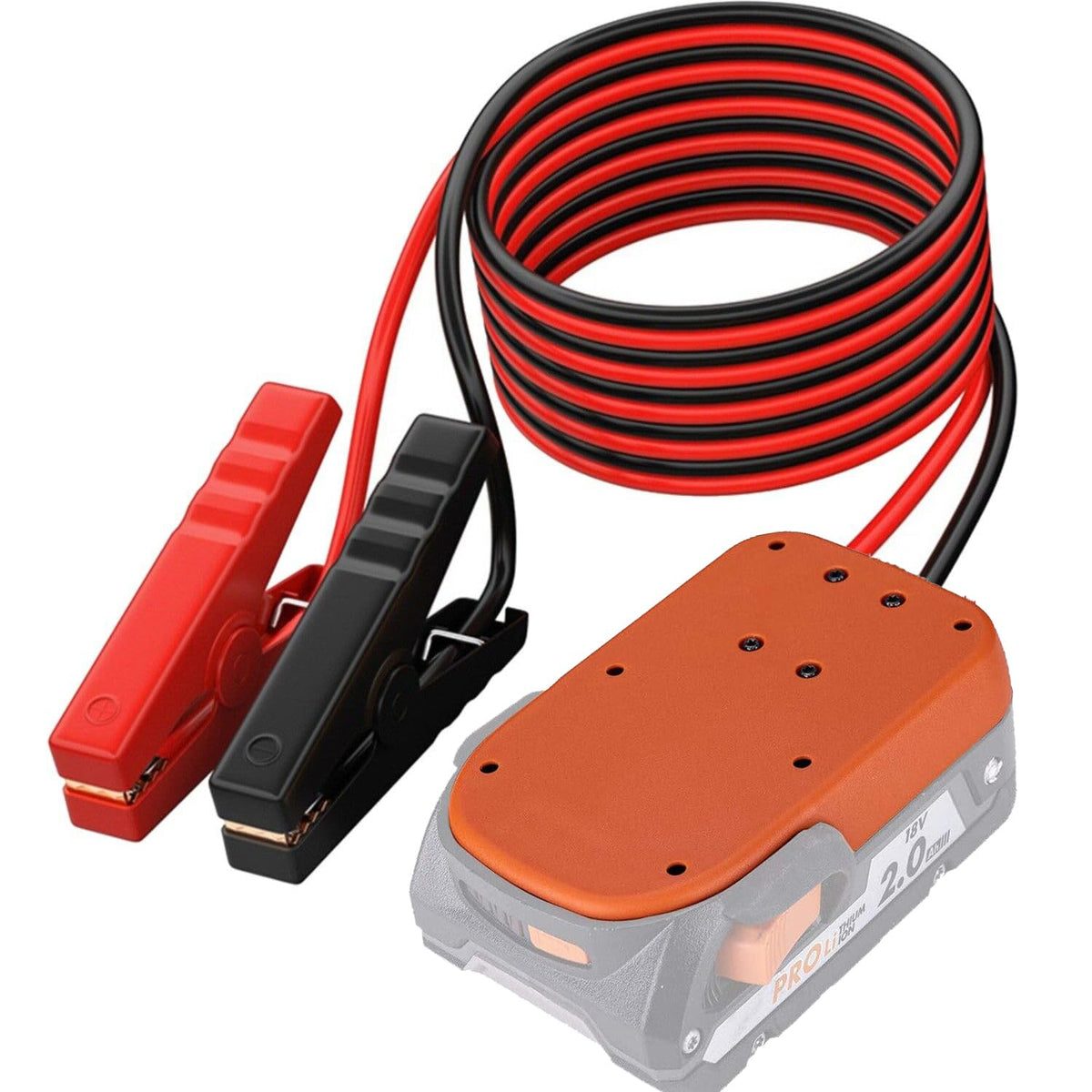 Sfablosm front view of jumper adapter showing battery interface and clamps for reliable starts