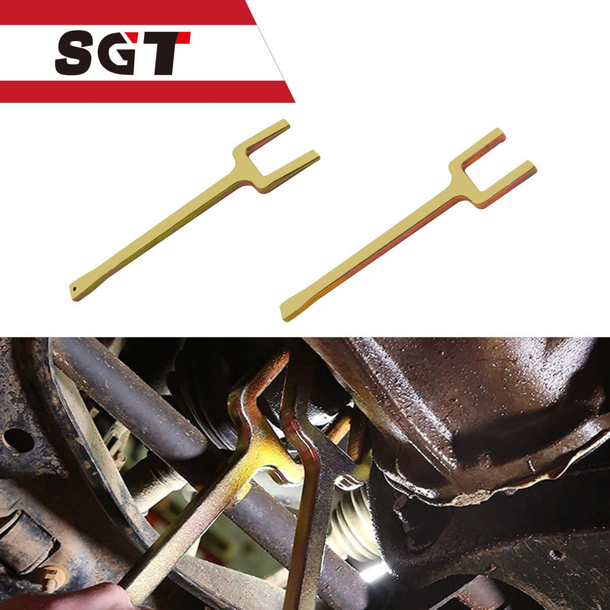 SGT SUPER GARAGE TOOLS close-up of fork opening showing 1 7/8 inch gap for safer even pressure