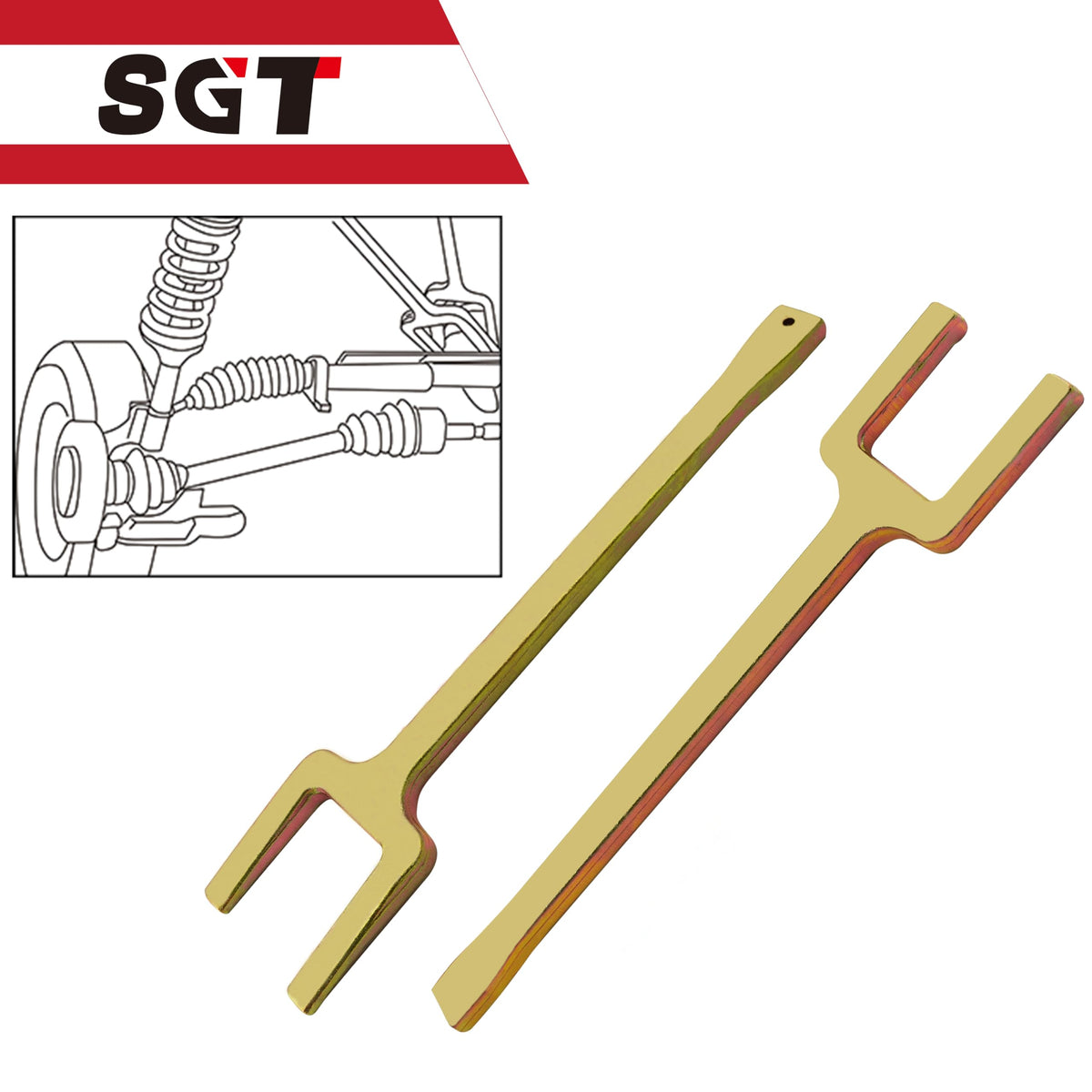 SGT SUPER GARAGE TOOLS handle and fork labeled with specs to confirm correct tool choice quickly