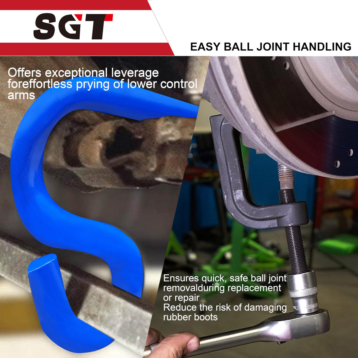 SGT SUPER GARAGE TOOLS separator mounted on vehicle control arm for safe, damage-free removal