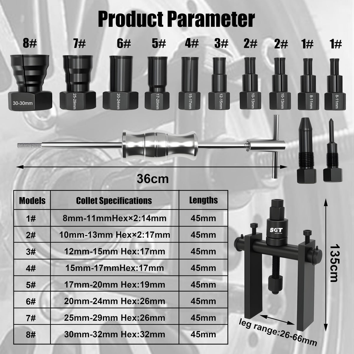 SGT SUPER GARAGE TOOLS close-up of ten expandable collets showing sizes and secure inner grip