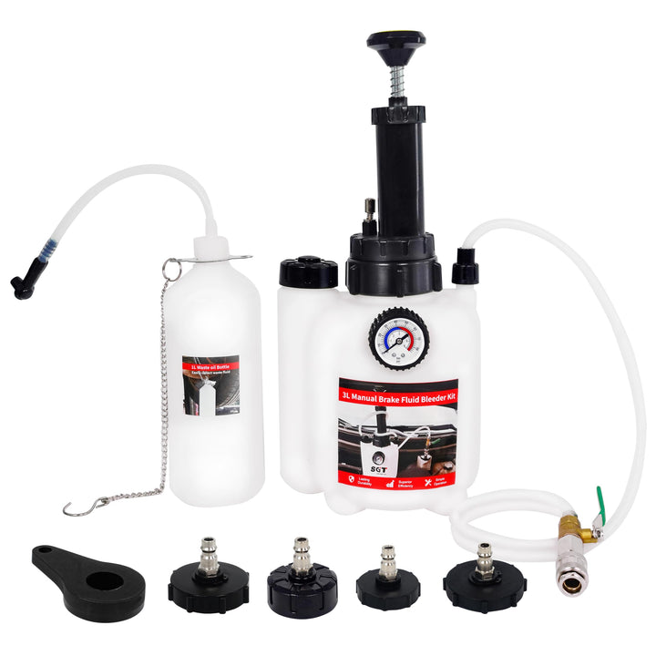 SGT SUPER GARAGE TOOLS front packaging showing full brake bleeder kit and benefits