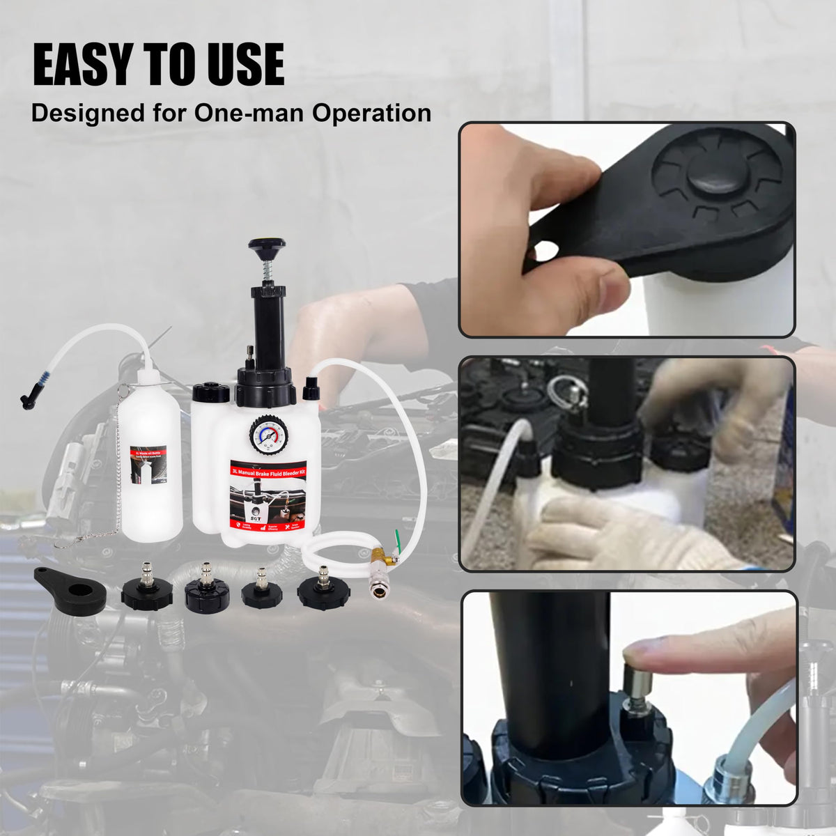 SGT SUPER GARAGE TOOLS in-use on car showing controlled brake bleeding and no spills