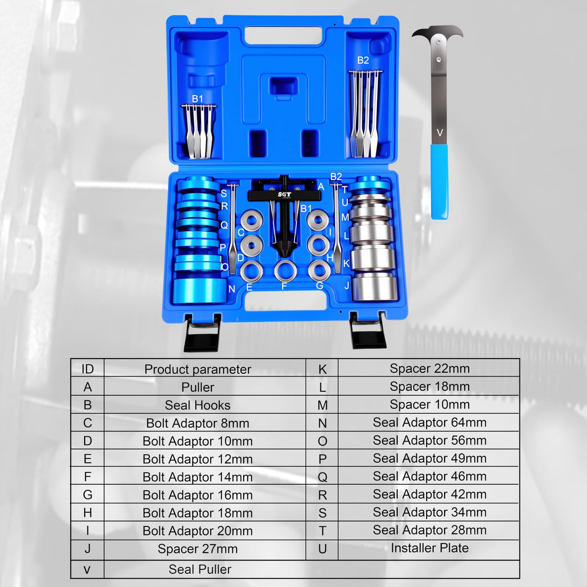 SGT SUPER GARAGE TOOLS ruler comparison demonstrating adapter and seal size coverage