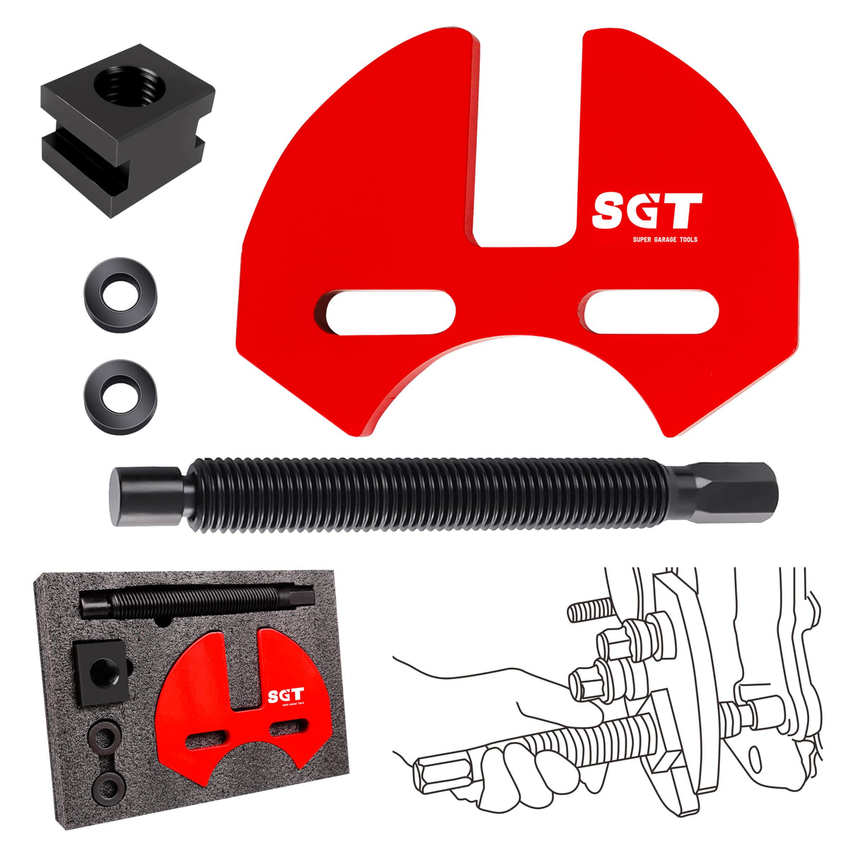 SGT front view of wheel hub removal kit showing organized components and benefits