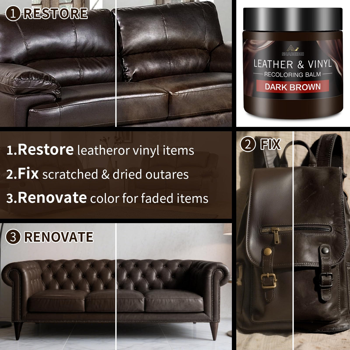 SHABEIBEI applying balm to sofa showing restored color and finish