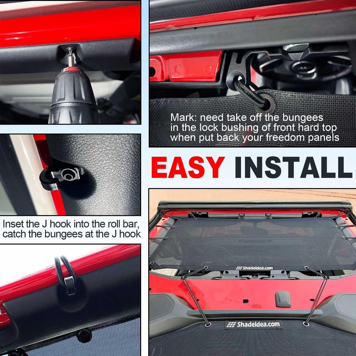 Shadeidea J-hook attachment close-up showing secure, airbag-safe mount