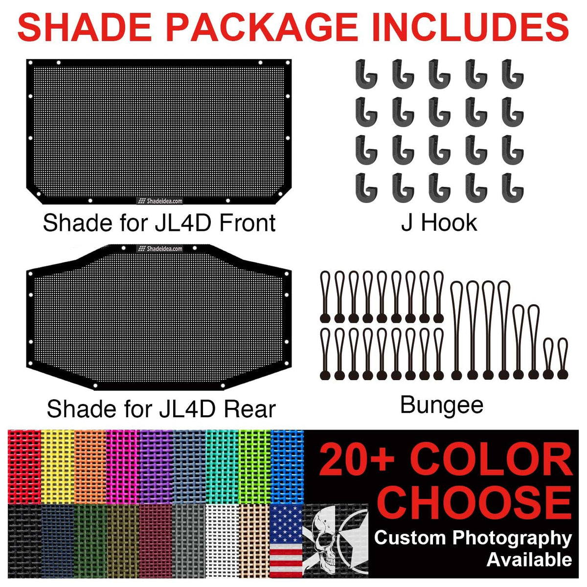 Shadeidea packaged kit with bungees and hooks showing easy-install accessories
