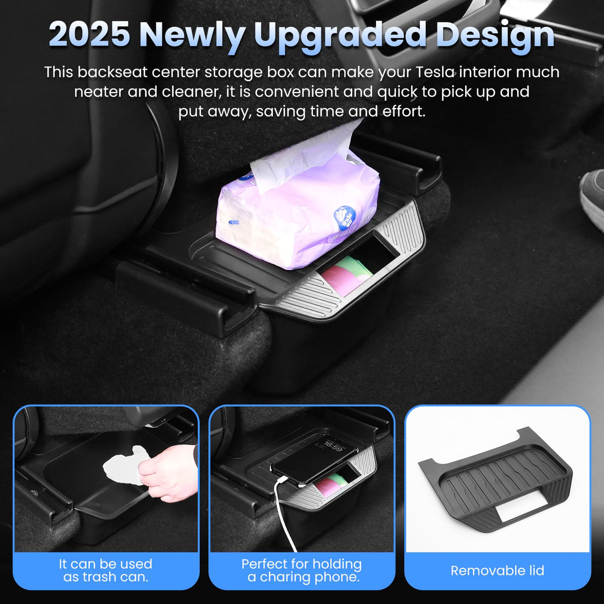 Shademax organizer installed under Model Y Juniper seat showing space-saving fit