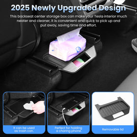 Shademax organizer installed under Model Y Juniper seat showing space-saving fit