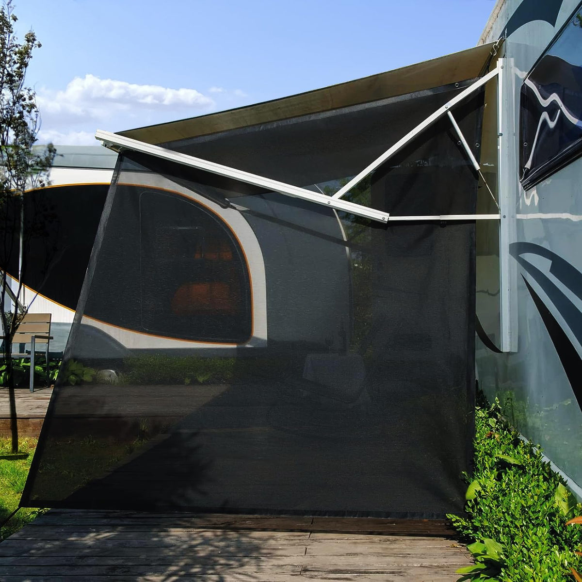 SHADEPLUS front view attached to RV awning showing larger shaded area and privacy