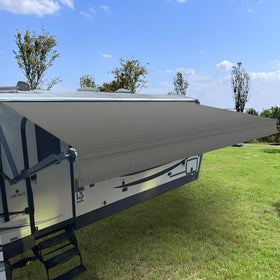 SHADEPLUS front view smoke grey awning showing full panel and fit benefits