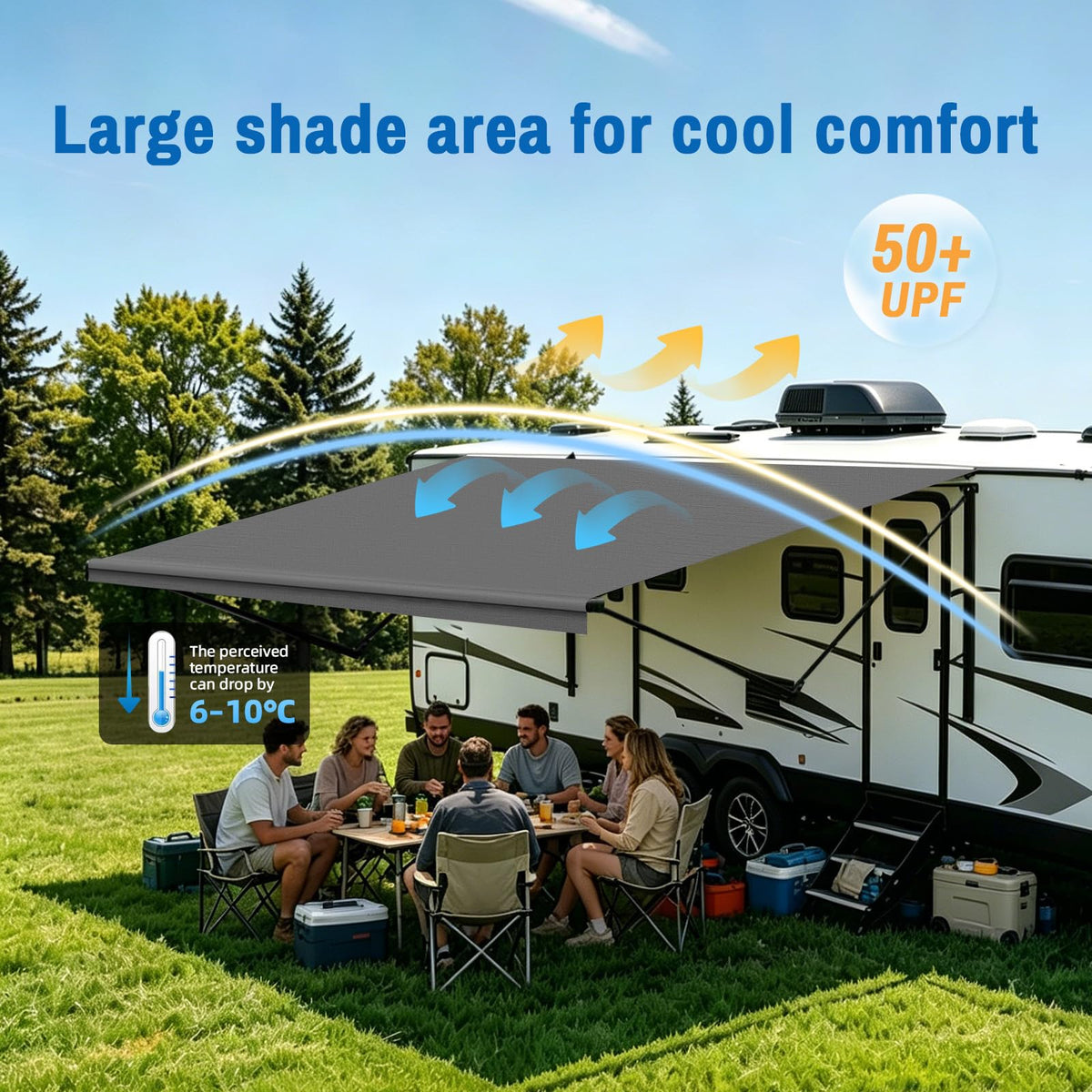 SHADEPLUS installed on 16ft RV awning showing shade and UV protection benefits