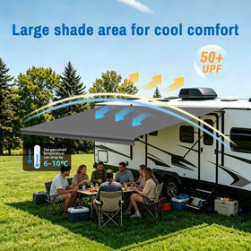 SHADEPLUS installed on 16ft RV awning showing shade and UV protection benefits