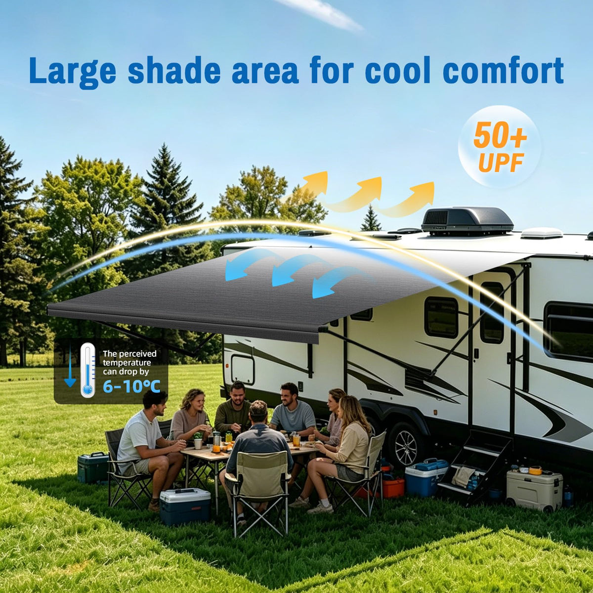 SHADEPLUS installed on motorhome demonstrating shaded outdoor living benefit