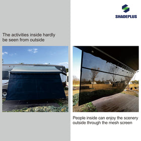 SHADEPLUS fabric label and texture showing quality material and long-lasting benefit