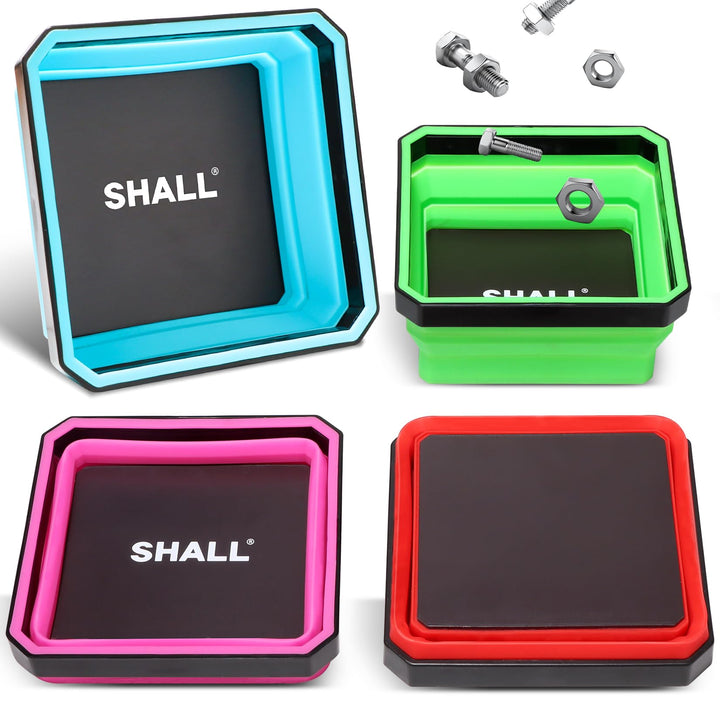 SHALL front packaging showing four-color magnetic parts trays and benefits