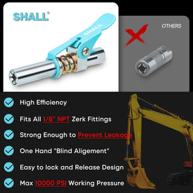 SHALL grease coupler in use on axle showing hands-free locking and easier greasing benefit