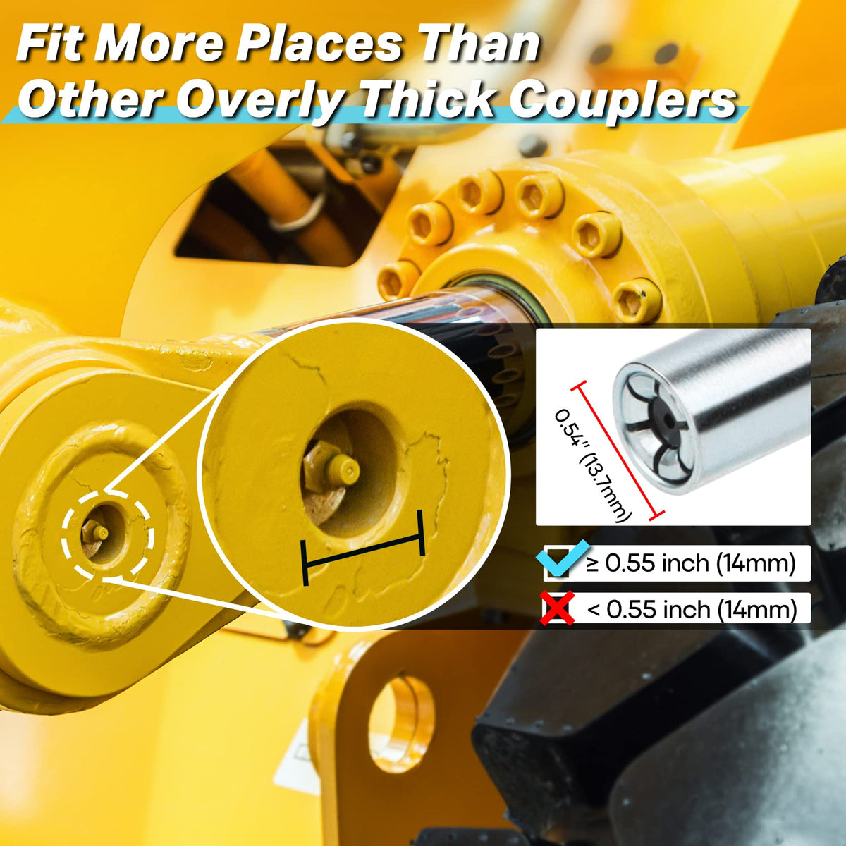 SHALL grease coupler size comparison beside coin illustrating compact profile and access to tight spaces benefit