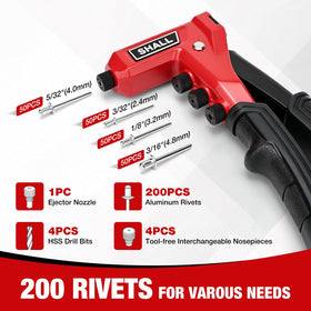 SHALL rivet gun nosepieces stored on handle for fast size changes and convenience