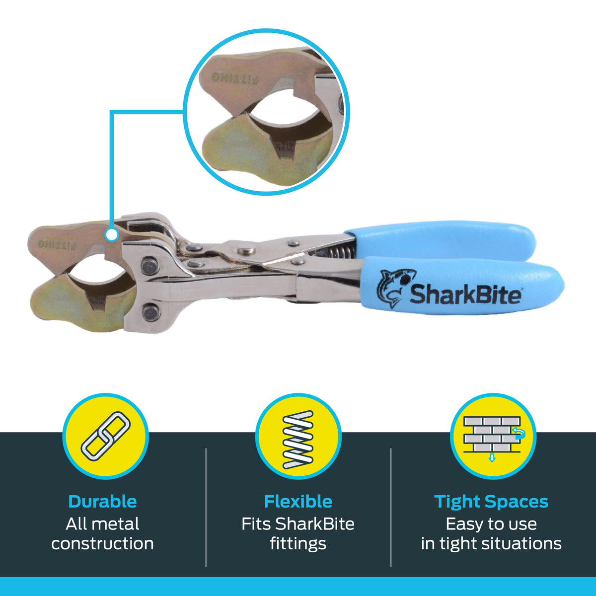 SharkBite head engaging a push-to-connect fitting to release pipe quickly