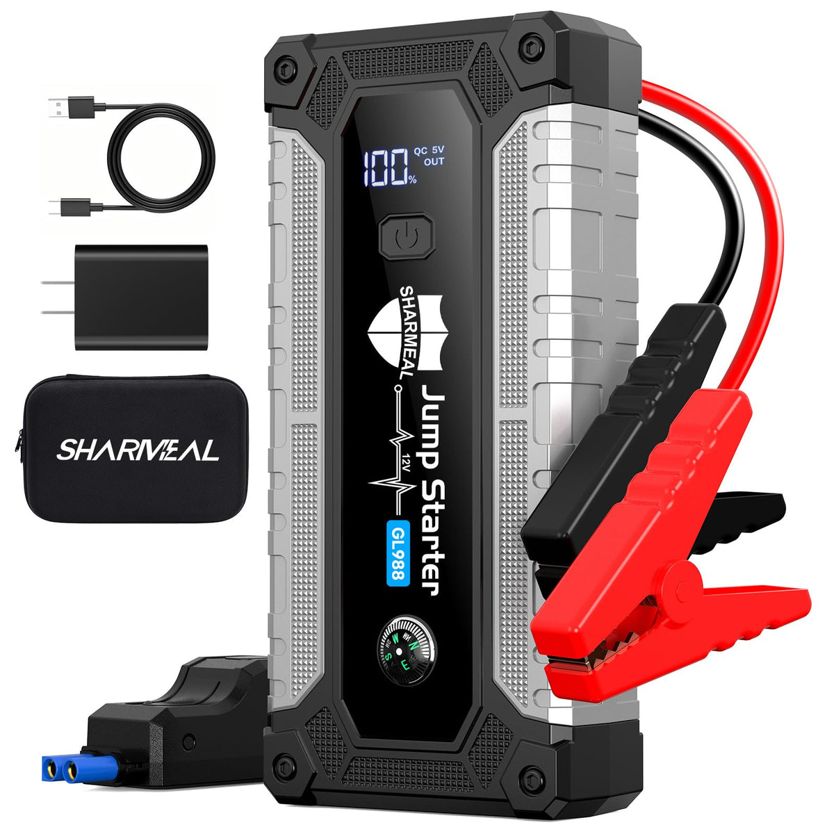 Sharmeal 6000A front view showing compact jump starter and casing, reliable emergency power