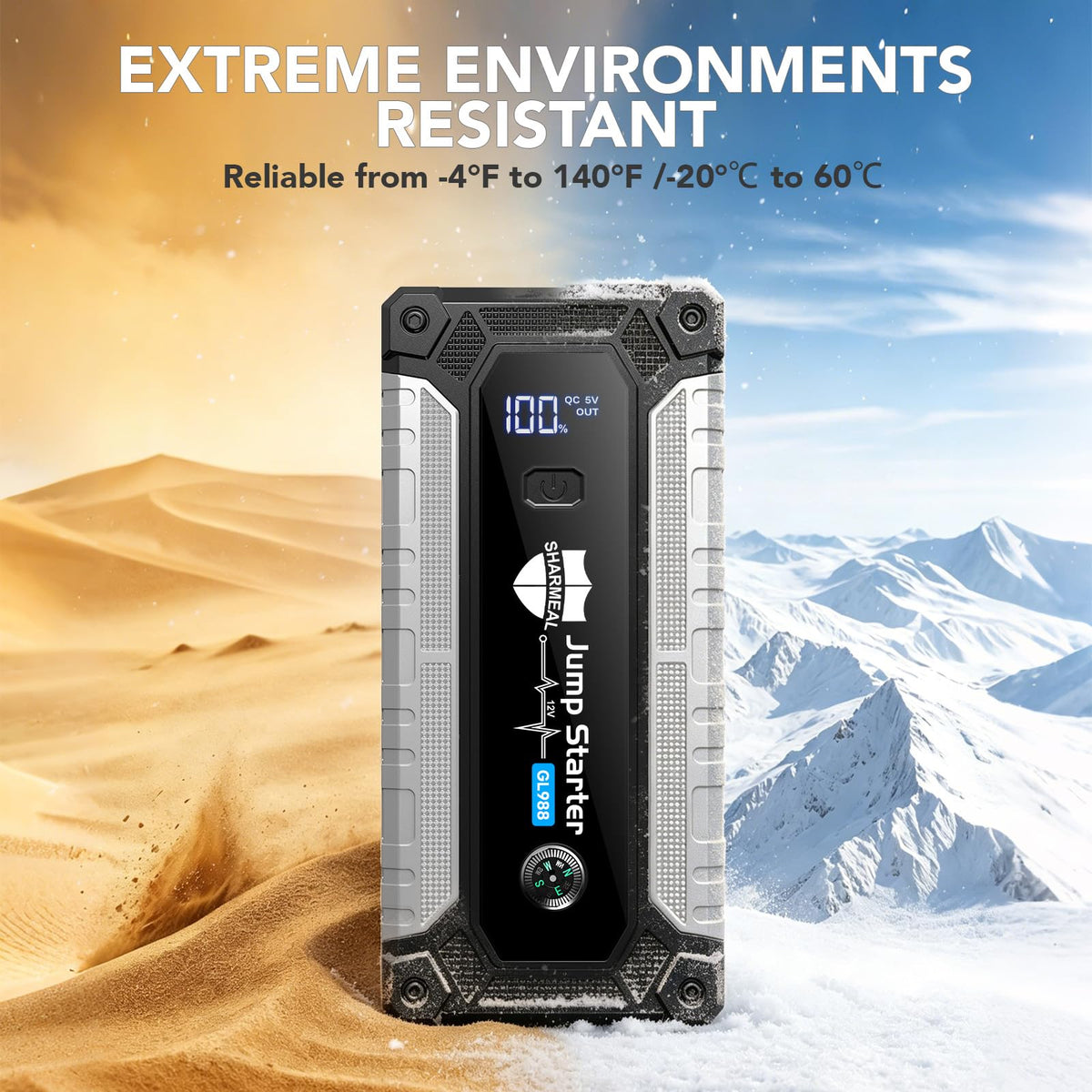 Sharmeal jump starter beside travel gear, useful for road trips and outdoor use